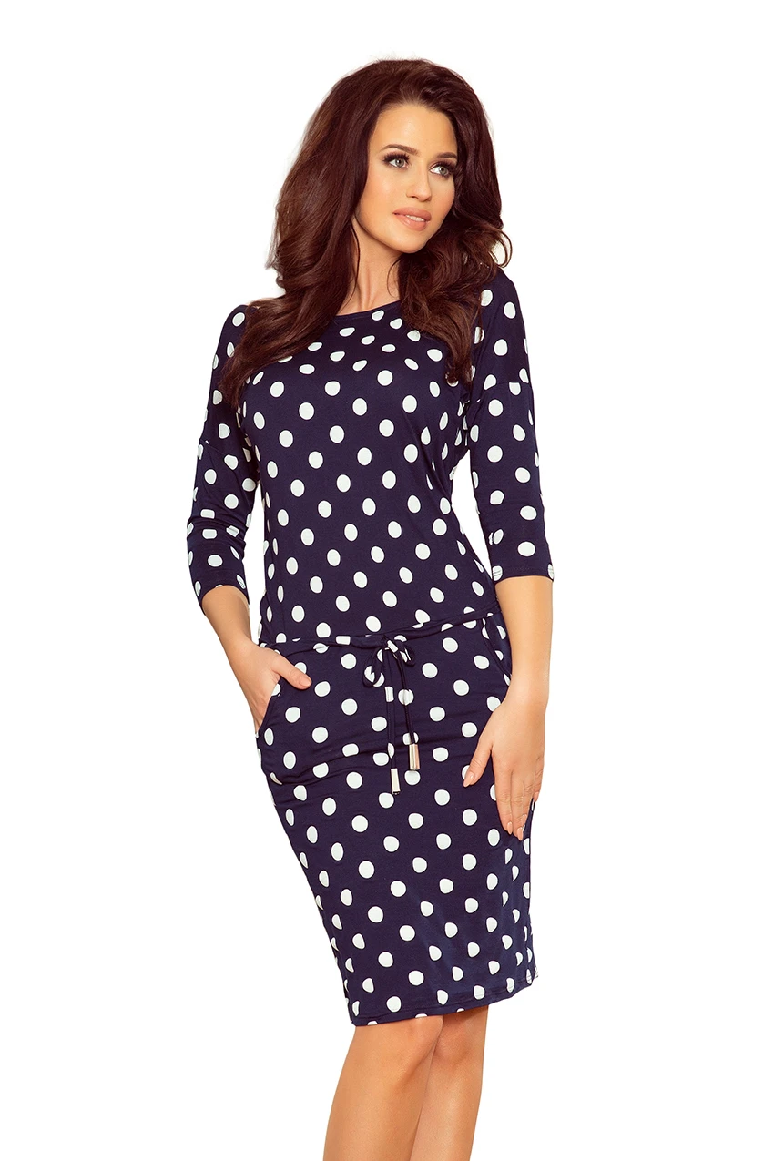 13-101 Sports dress with binding and pockets - navy blue + polka dots