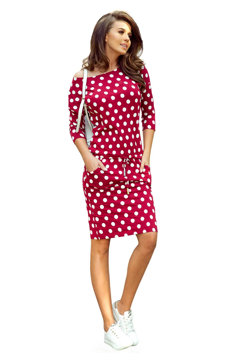 13-111 Sports dress with binding and pockets - burgundy + polka dots