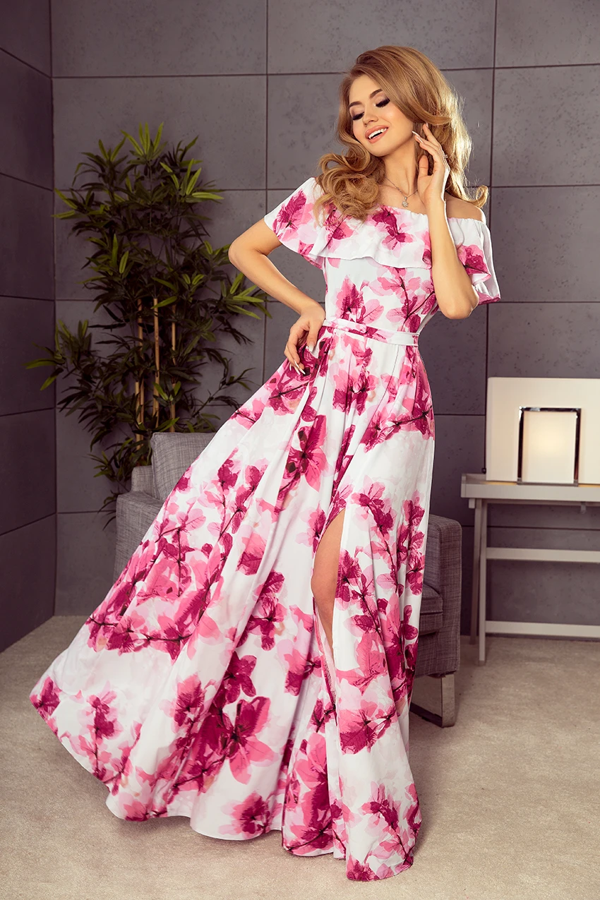  194-2 Long dress with frill - big pink flowers 