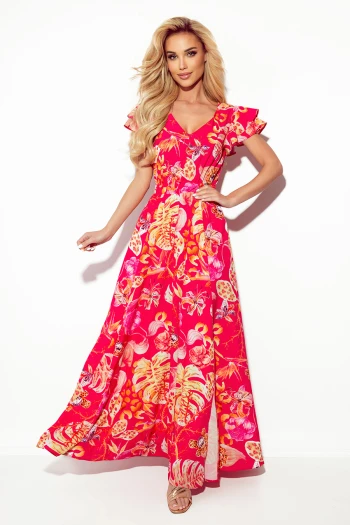 The woman in the photo is wearing a chic brown halter neck dress, highlighting its elegant pleated design. This stylish brown dress is perfect for any sophisticated occasion.