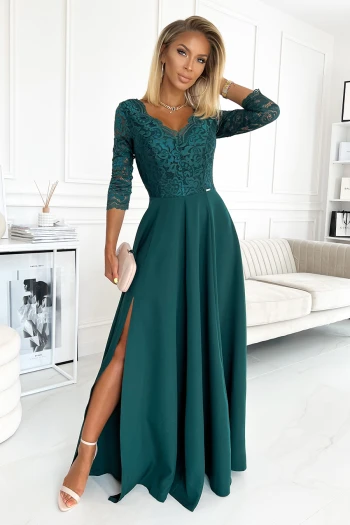 The woman in the photo is wearing a chic green skater dress, highlighting its elegant flow and vibrant color. This stylish skater dress is perfect for both casual outings and special occasions.