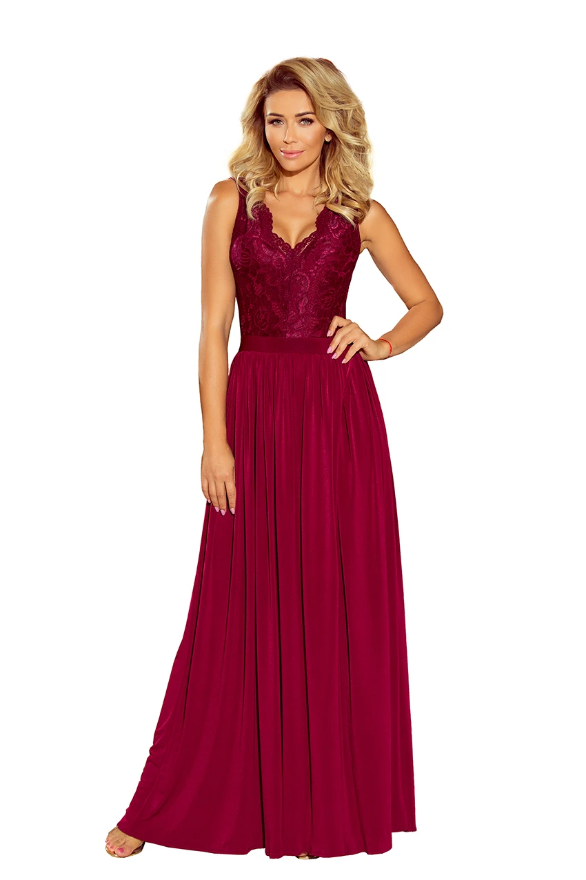  211-2 LEA long dress with lace neckline - Burgundy color 