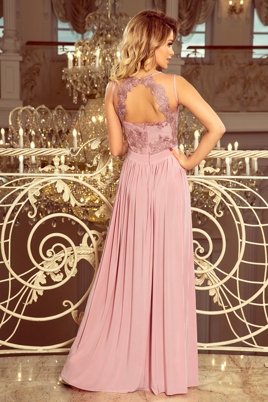 215-5 LEA long sleeveless dress with embroidered cleavage - TAUPE