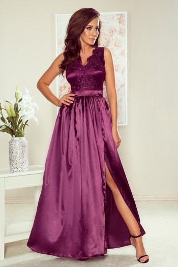256-2 SALLY long dress with embroidered neckline - plum
