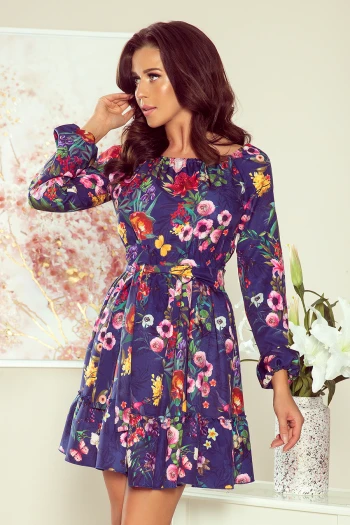 265-2 DAISY Dress with frills - flowers + navy blue
