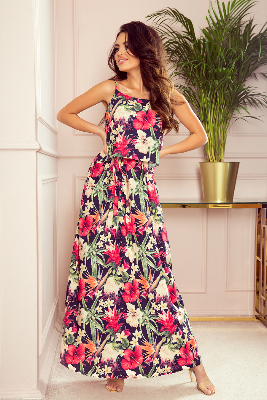 294-1 A long summer dress with straps - red flowers