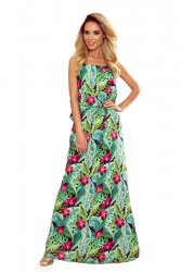 294-2 A long summer dress with straps - green leaves and pink flowers