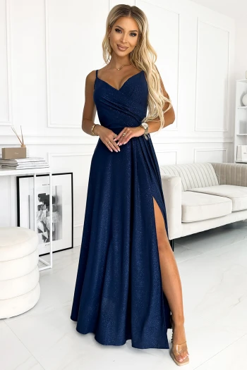 299-10 CHIARA elegancka maxi suknia na ramiączkach - GRANATOWA Z BROKATEM