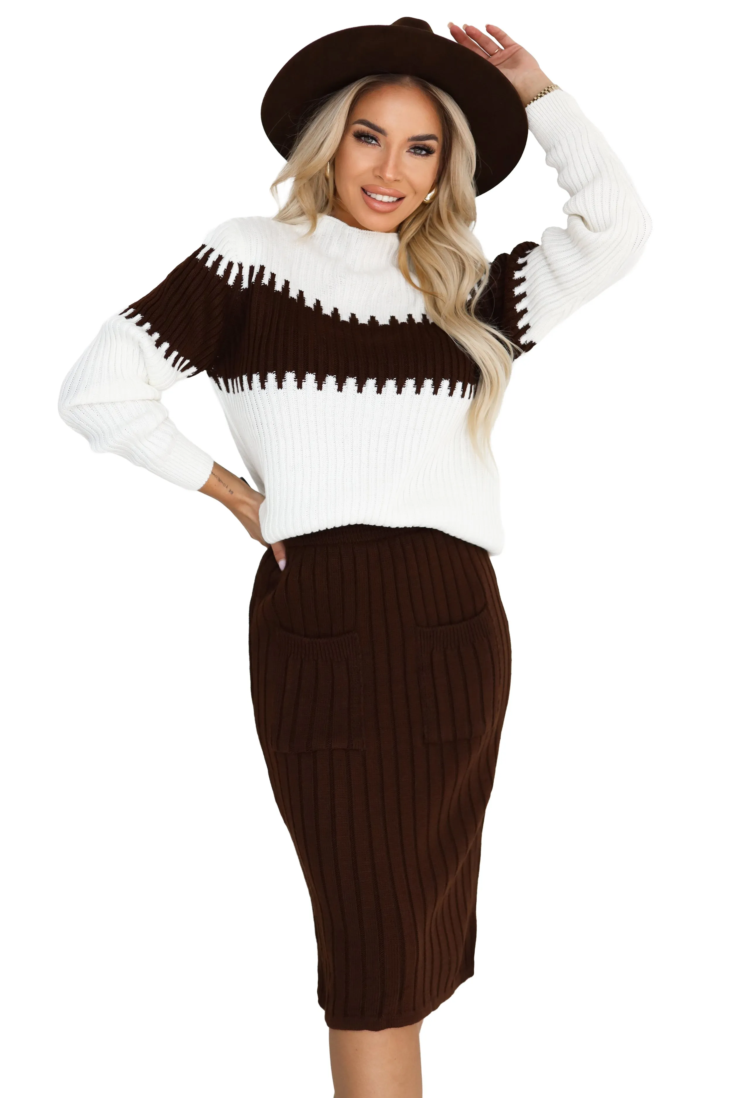The woman in the photo is wearing a chic color-blocked sweater with ribbed detailing, complemented by a matching ribbed skirt. This stylish outfit is perfect for showcasing the modern aesthetic of the color-blocked skirt and sweater set.