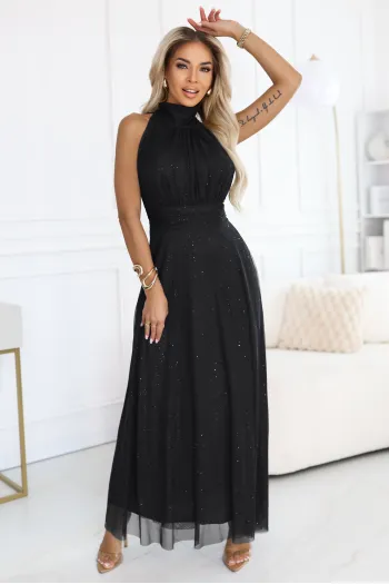  636-3 VERONICA luxurious long dress with a brocade accent and a chic cut - black 