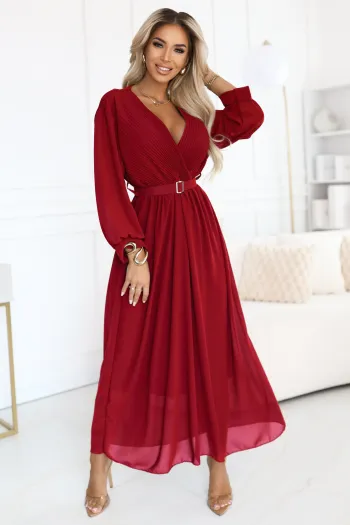  639-1 Elegant pleated maxi dress with a belt and a wrap neckline - burgundy 