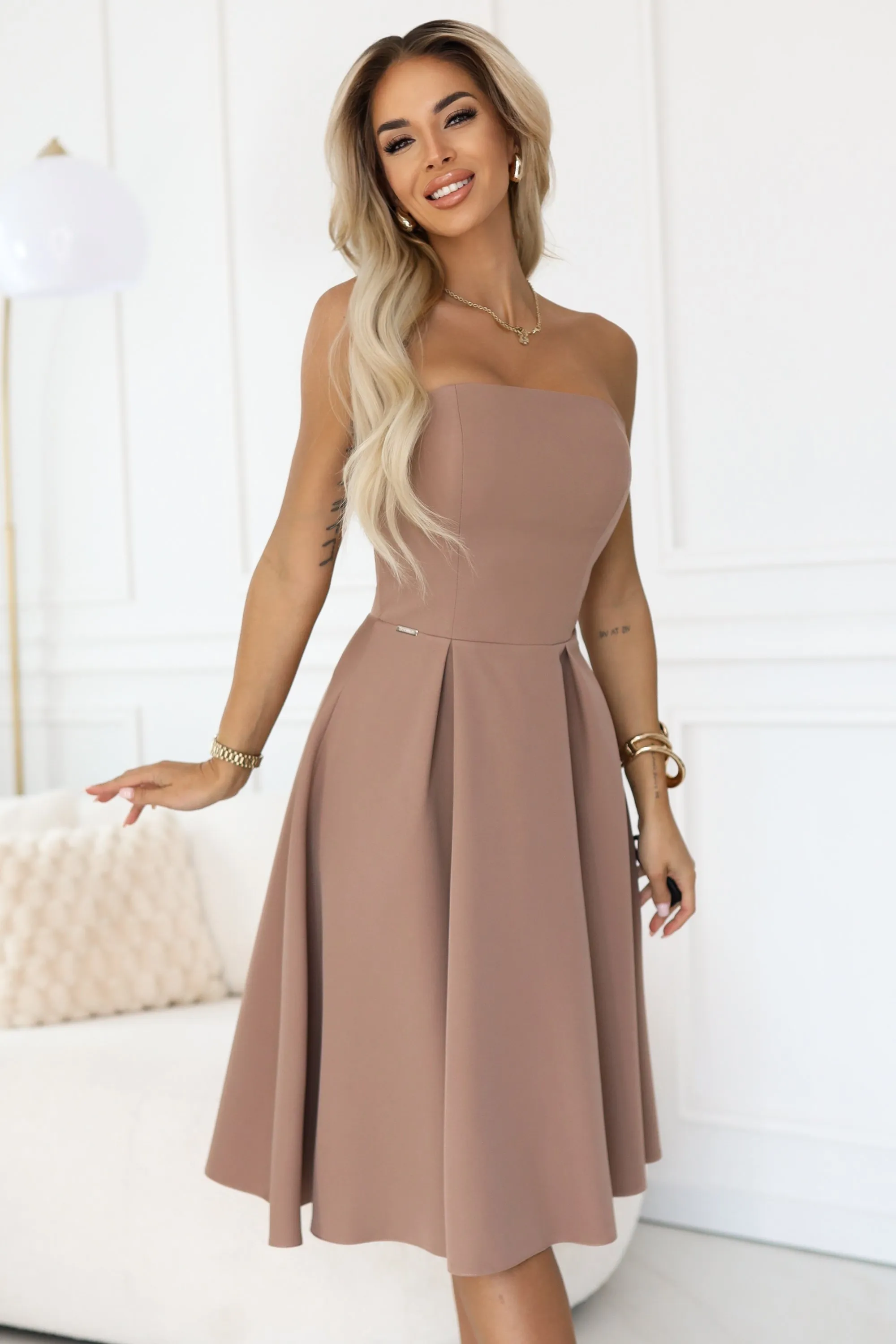 641-2 VIVIENNE corset flared midi dress for special occasions - beige