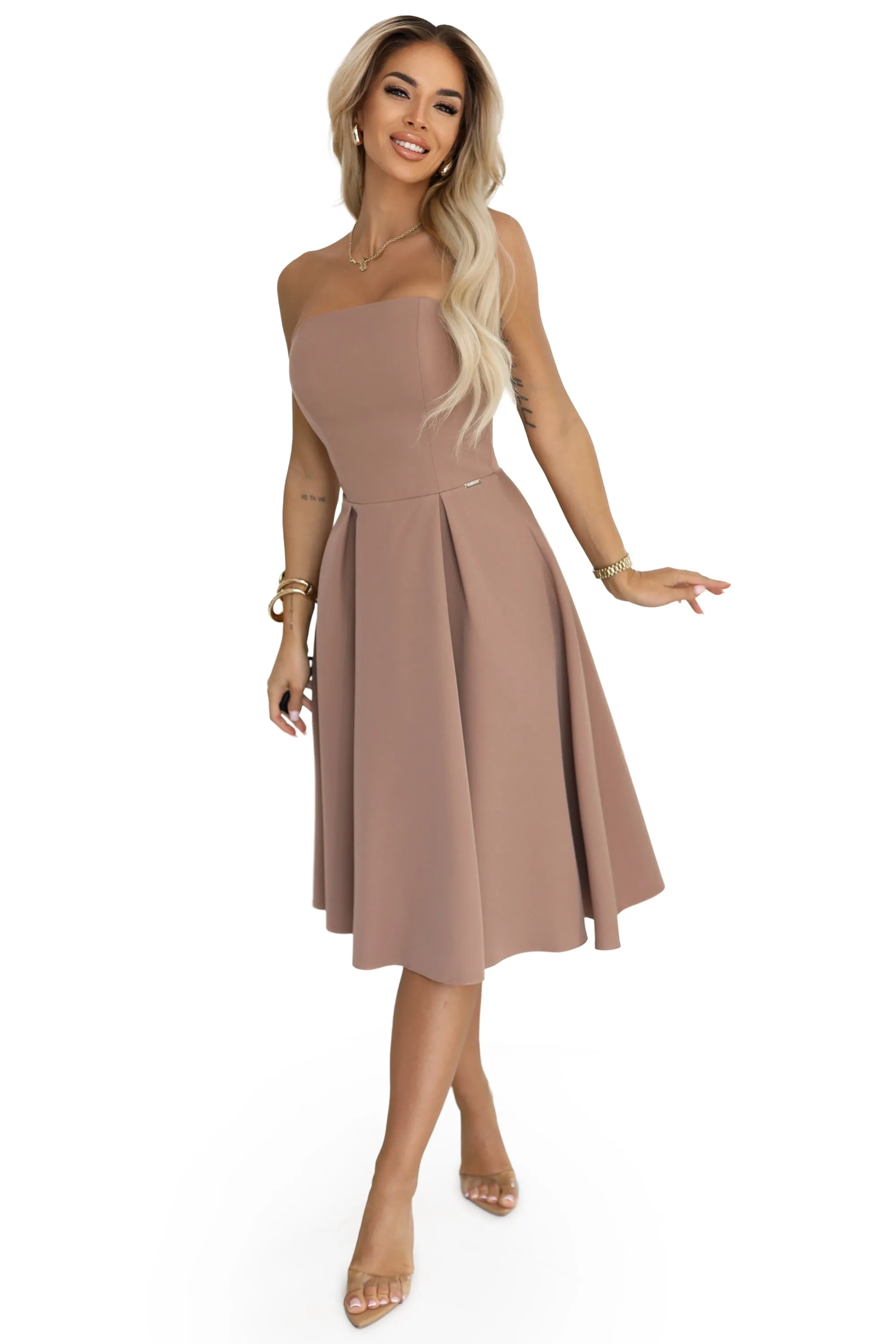 641-2 VIVIENNE corset flared midi dress for special occasions - beige