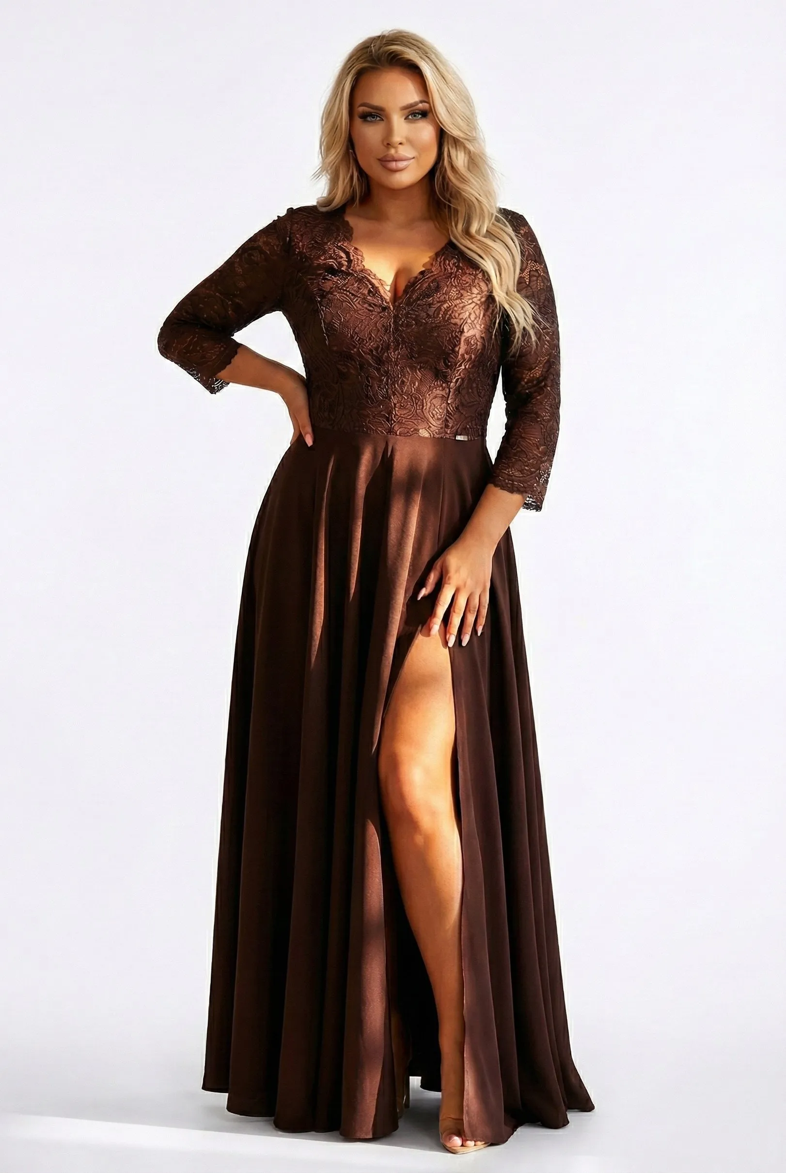 309-14 AMBER elegant long lace dress with a neckline - chocolate