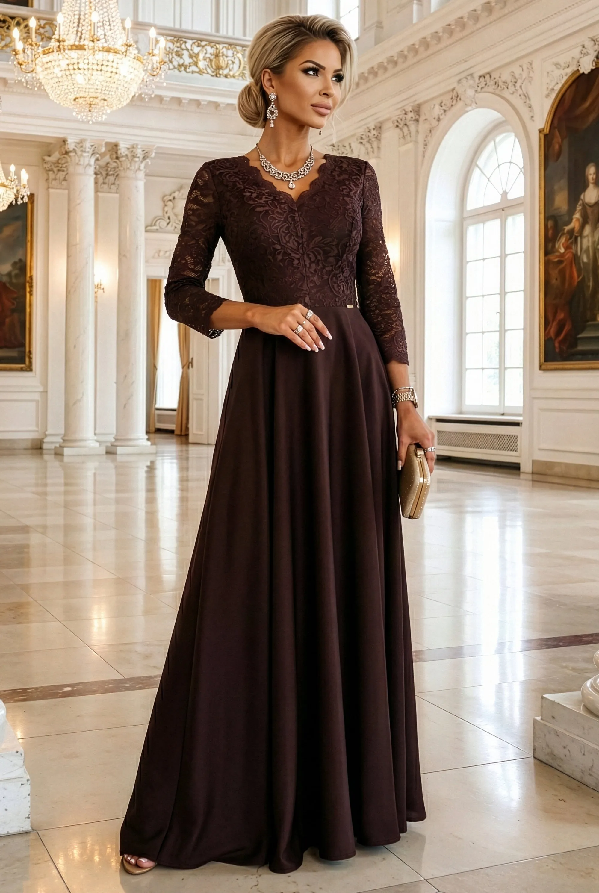 309-14 AMBER elegant long lace dress with a neckline - chocolate