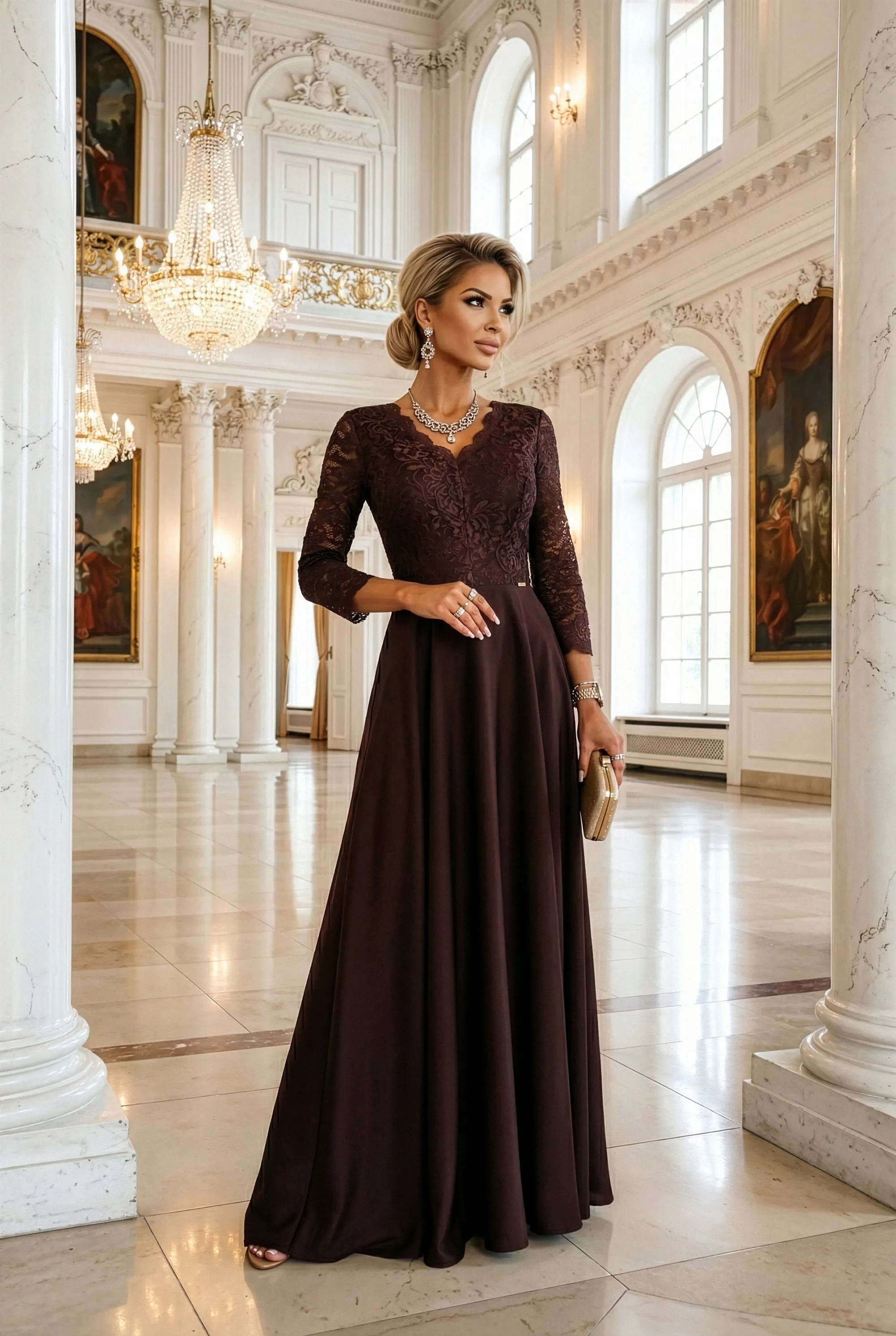 309-14 AMBER elegant long lace dress with a neckline - chocolate