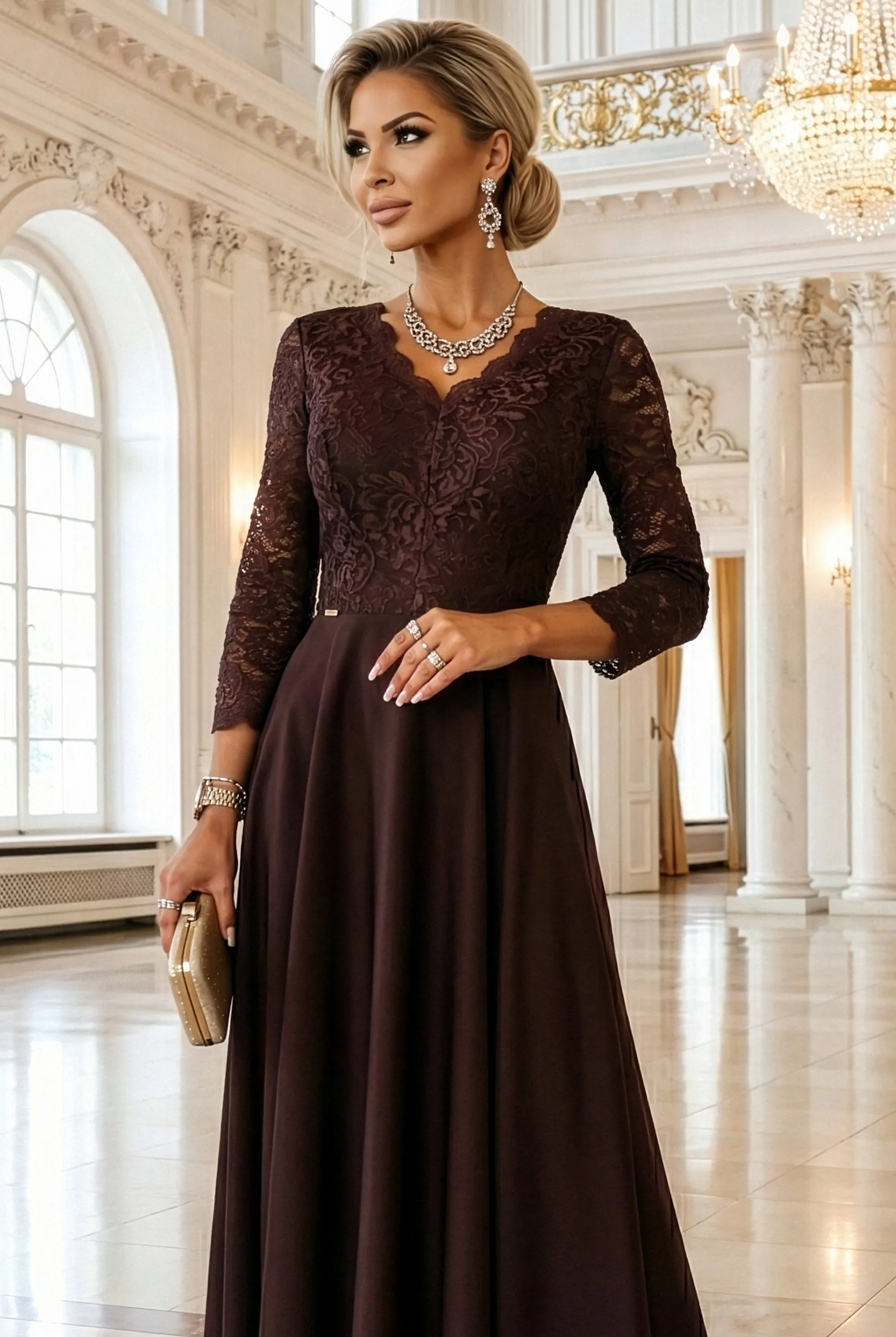309-14 AMBER elegant long lace dress with a neckline - chocolate