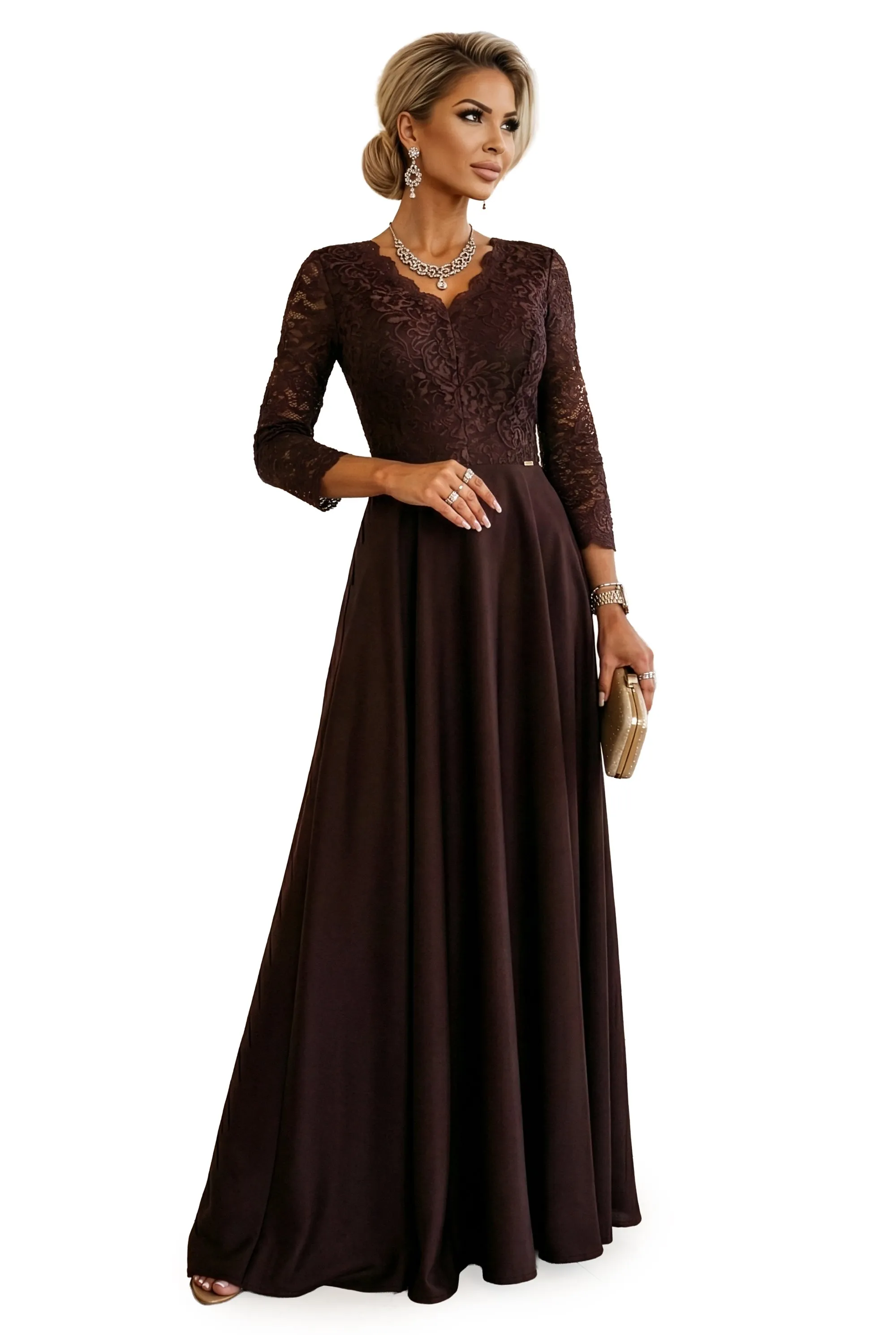 309-14 AMBER elegant long lace dress with a neckline - chocolate