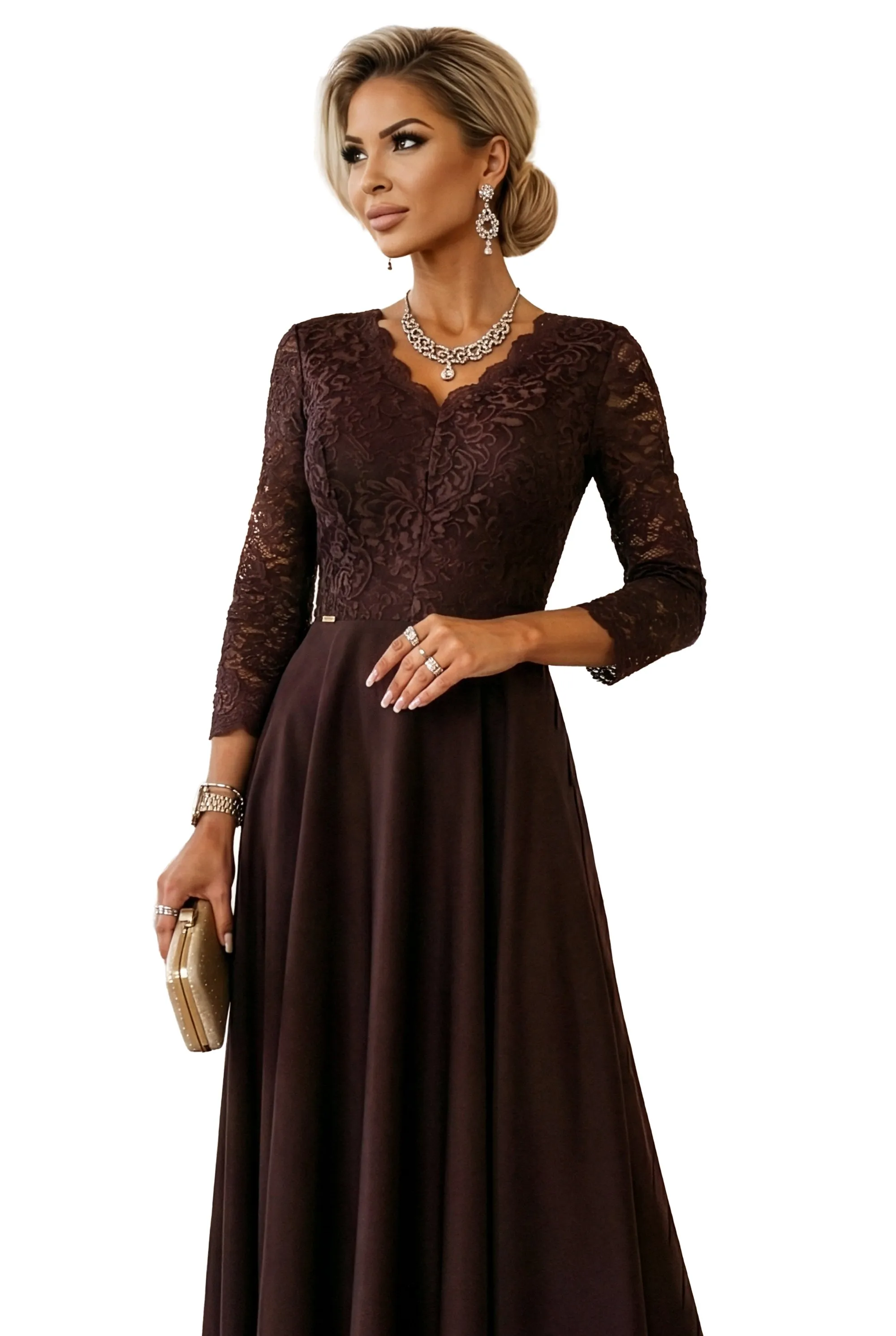 309-14 AMBER elegant long lace dress with a neckline - chocolate