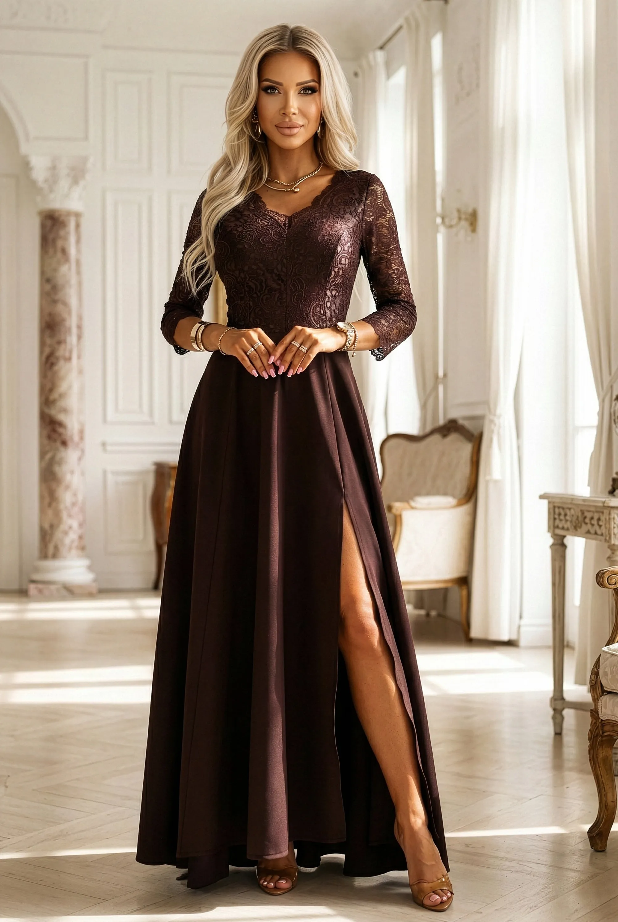 309-14 AMBER elegant long lace dress with a neckline - chocolate