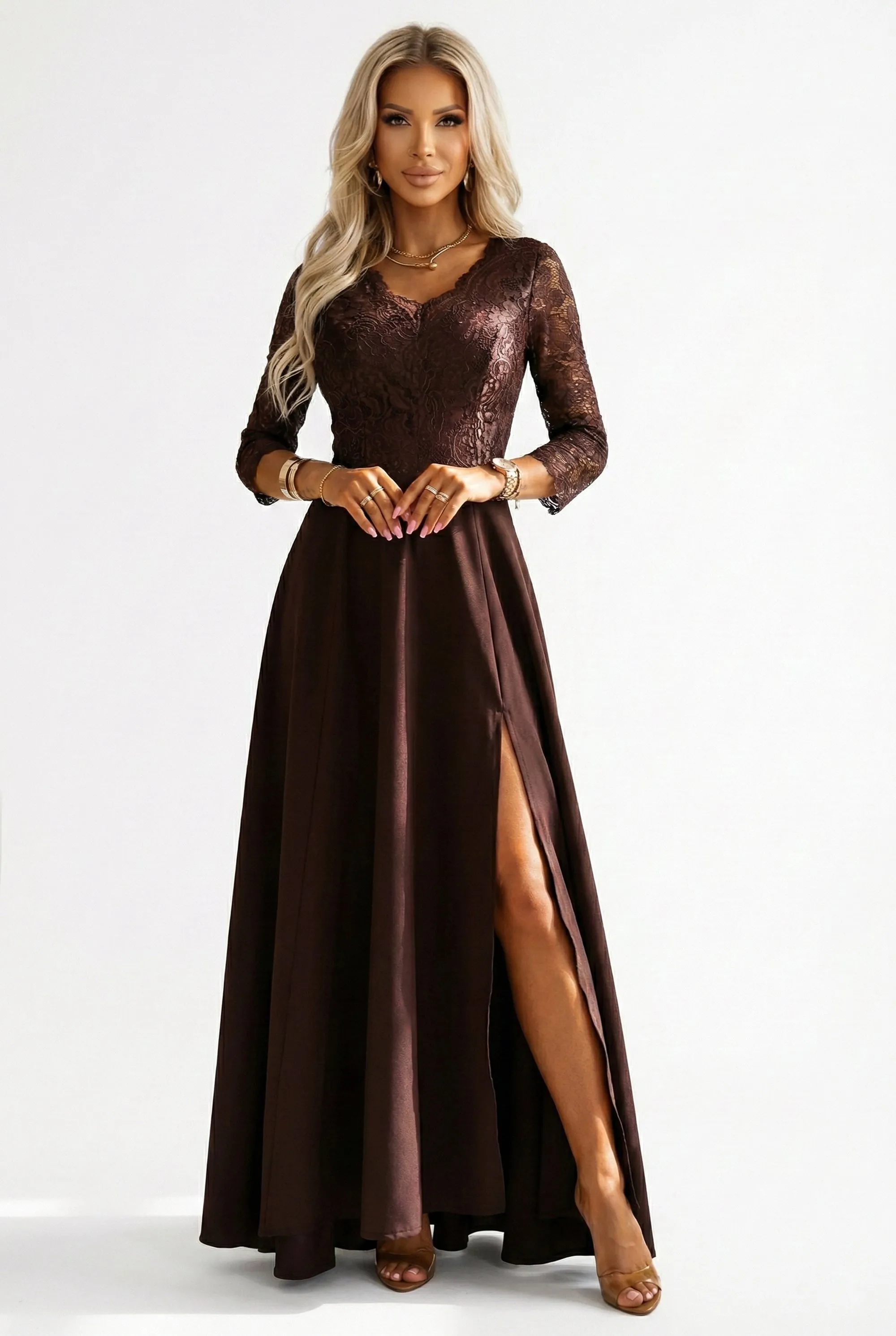 309-14 AMBER elegant long lace dress with a neckline - chocolate