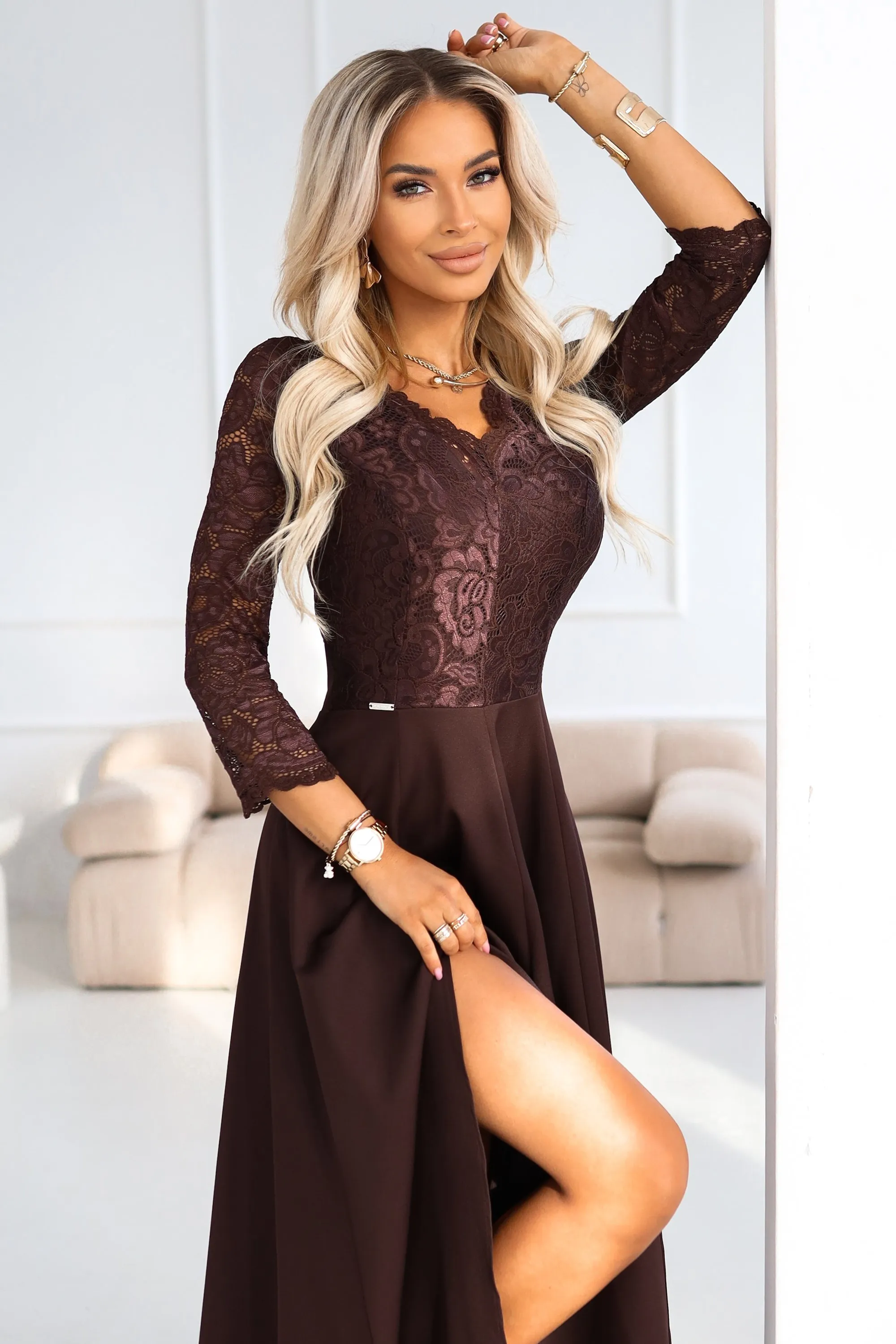 309-14 AMBER elegant long lace dress with a neckline - chocolate