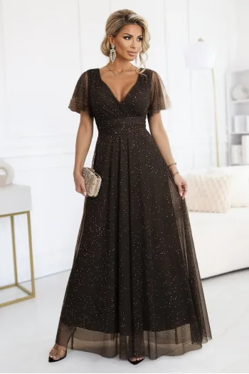 635-4 MELANIA long, shiny dress with a neckline and short sleeves - chocolate 