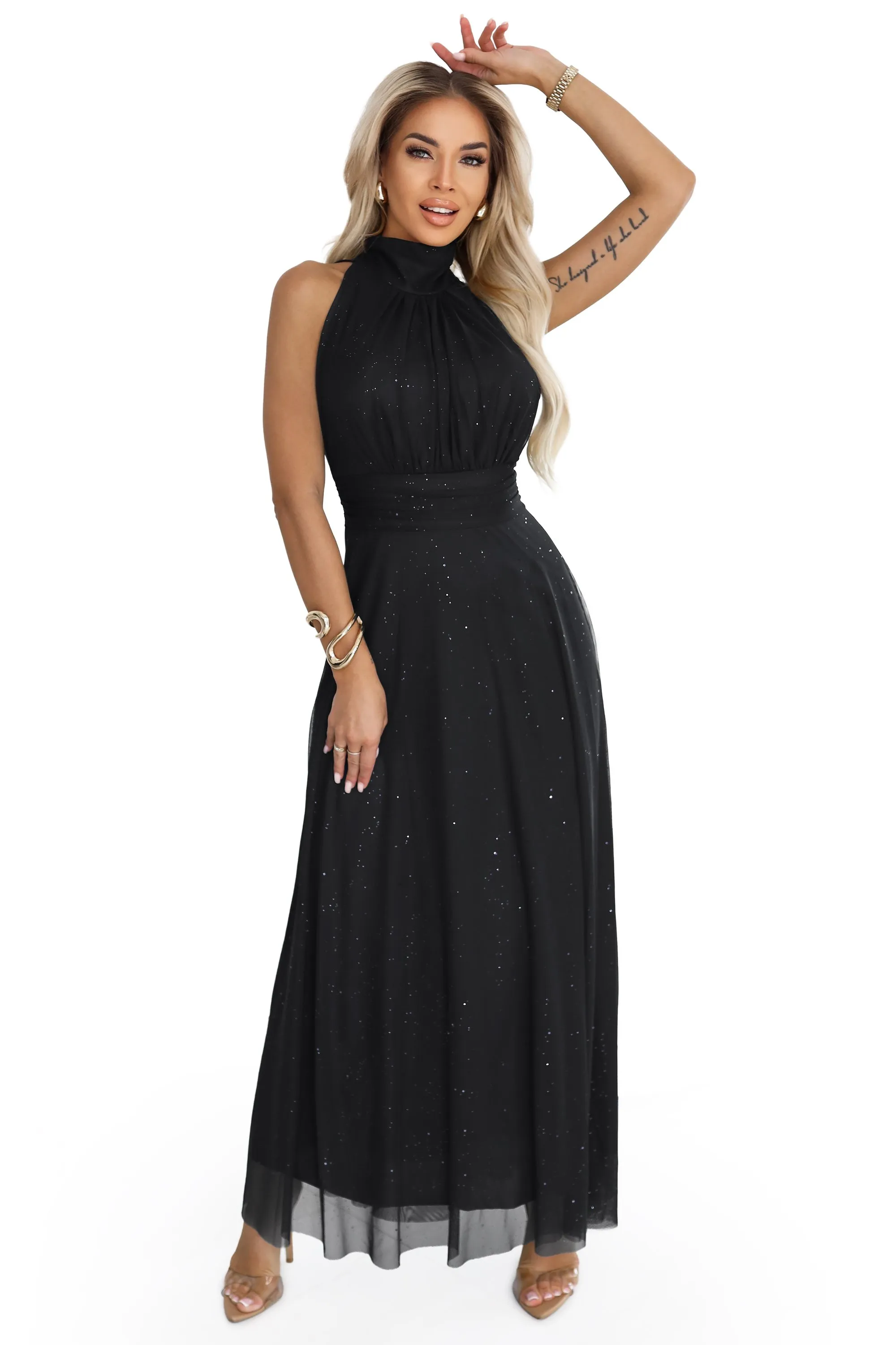 636-3 VERONICA luxurious long dress with a brocade accent and a chic cut - black