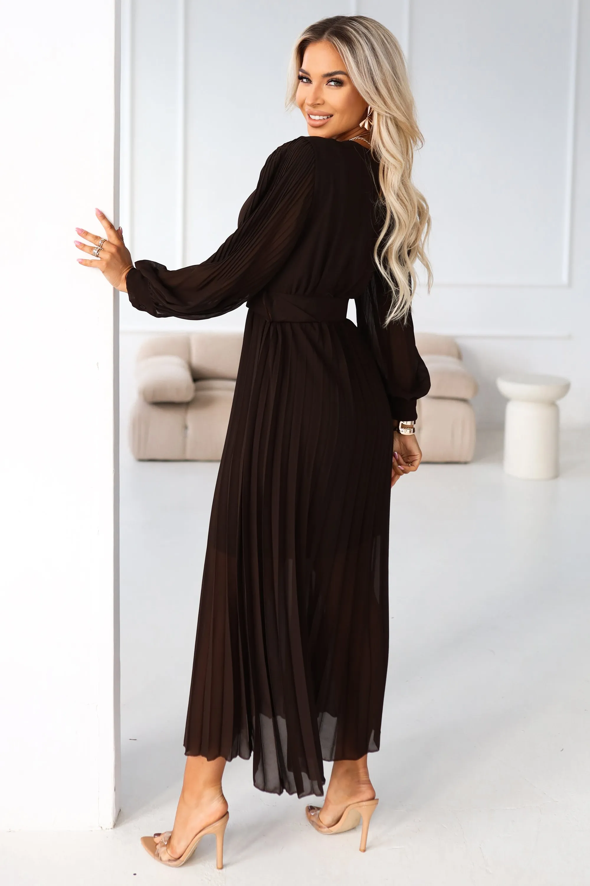 414-11 KLARA elegant pleated midi dress with a belt and neckline - chocolate