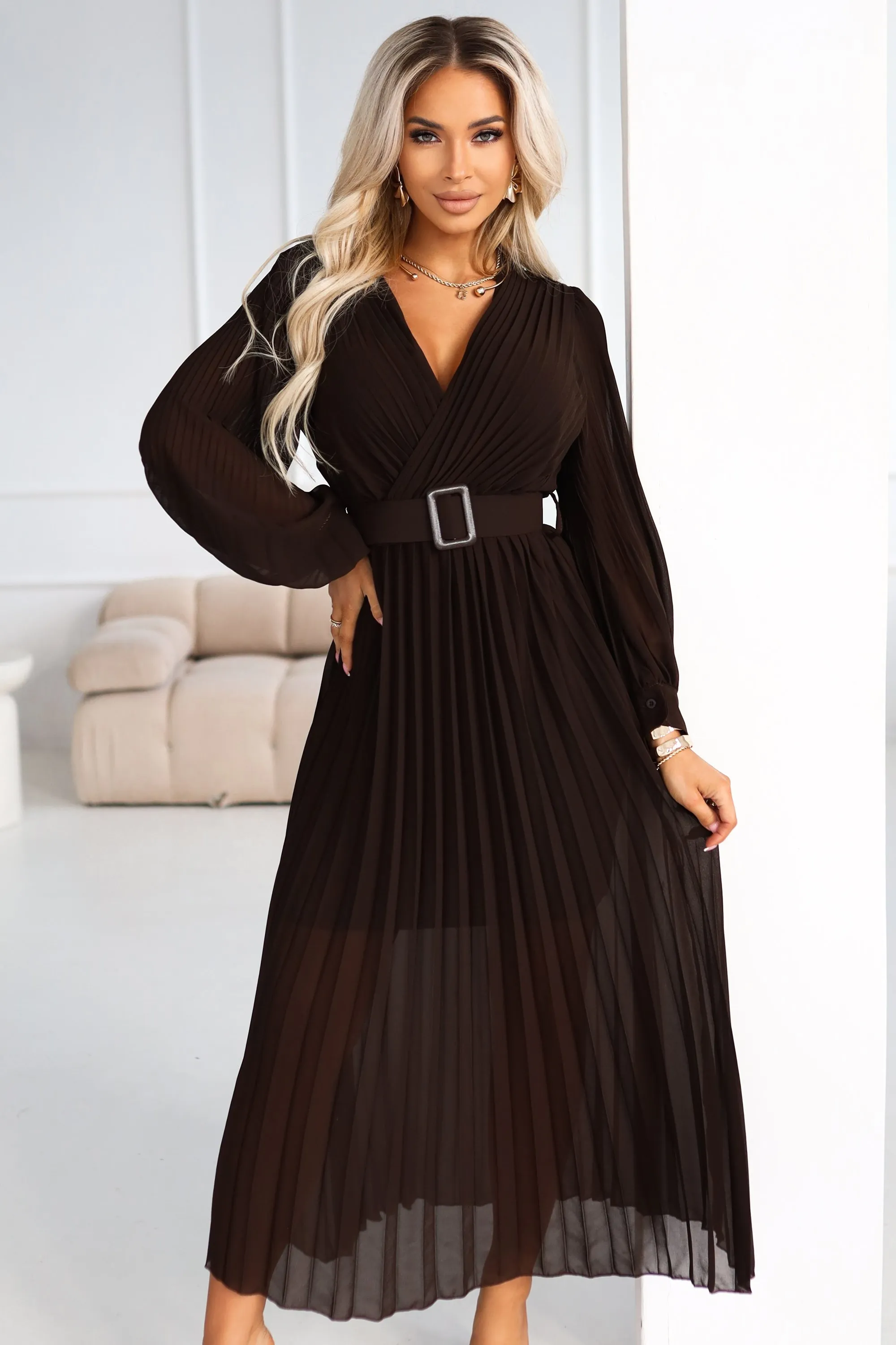 414-11 KLARA elegant pleated midi dress with a belt and neckline - chocolate