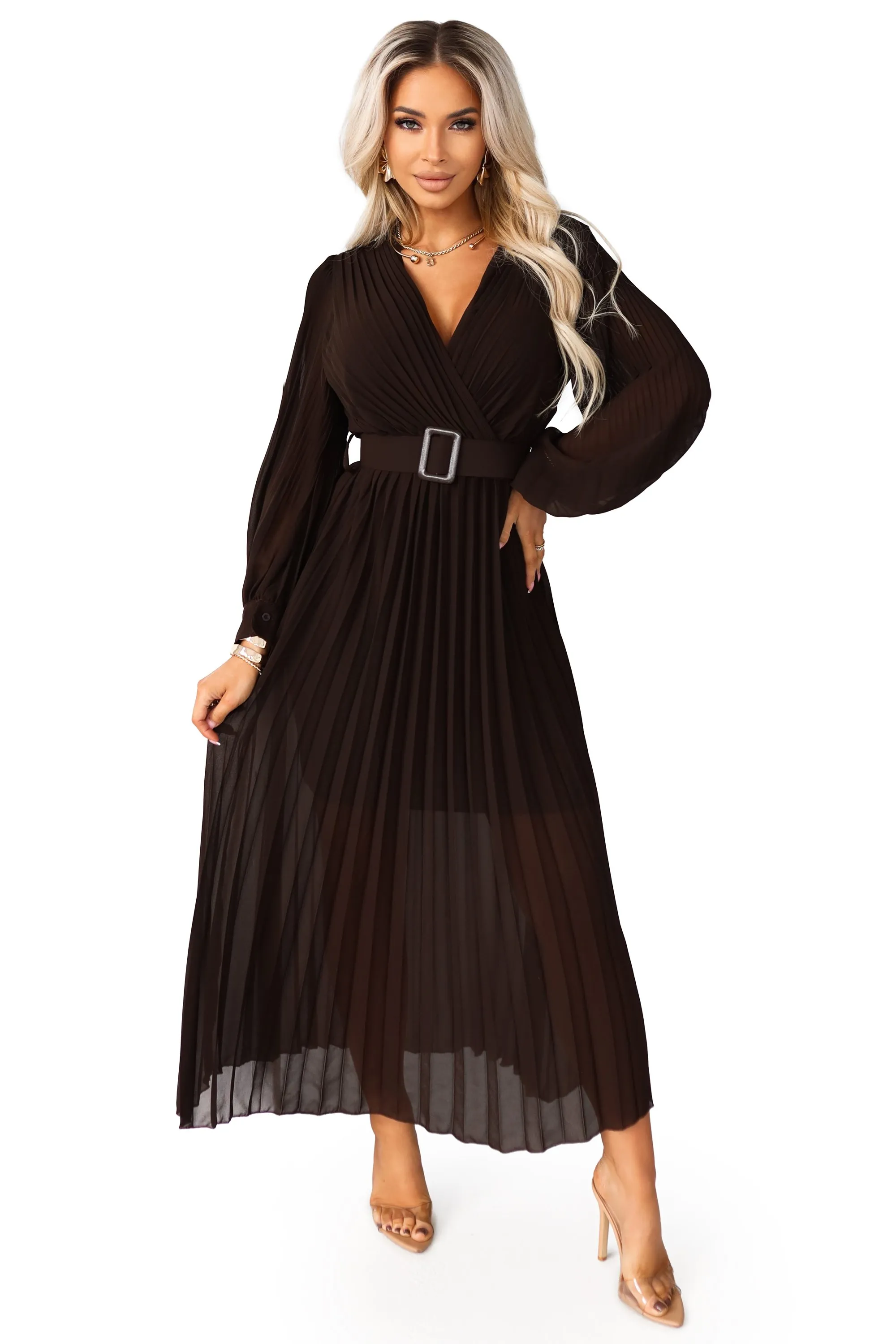 414-11 KLARA elegant pleated midi dress with a belt and neckline - chocolate