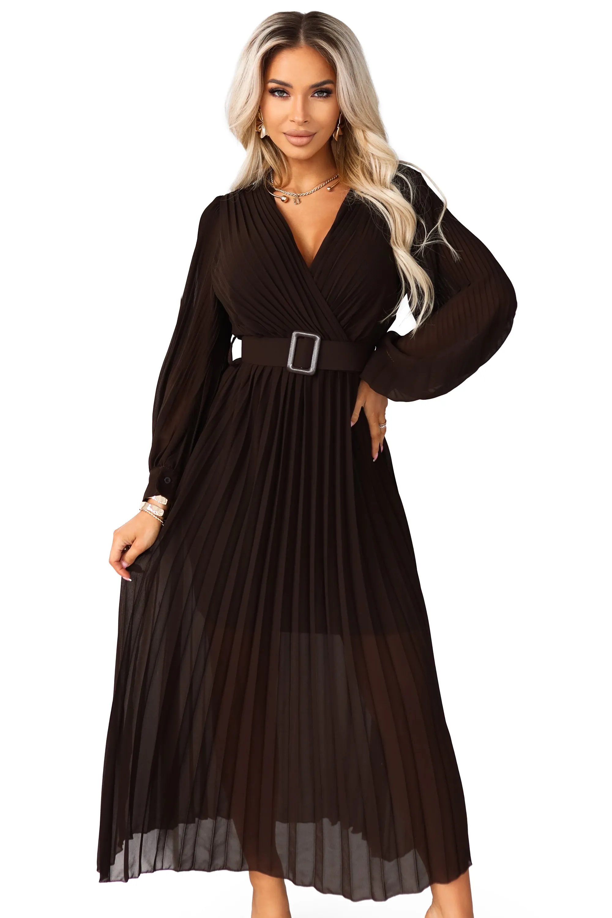 414-11 KLARA elegant pleated midi dress with a belt and neckline - chocolate