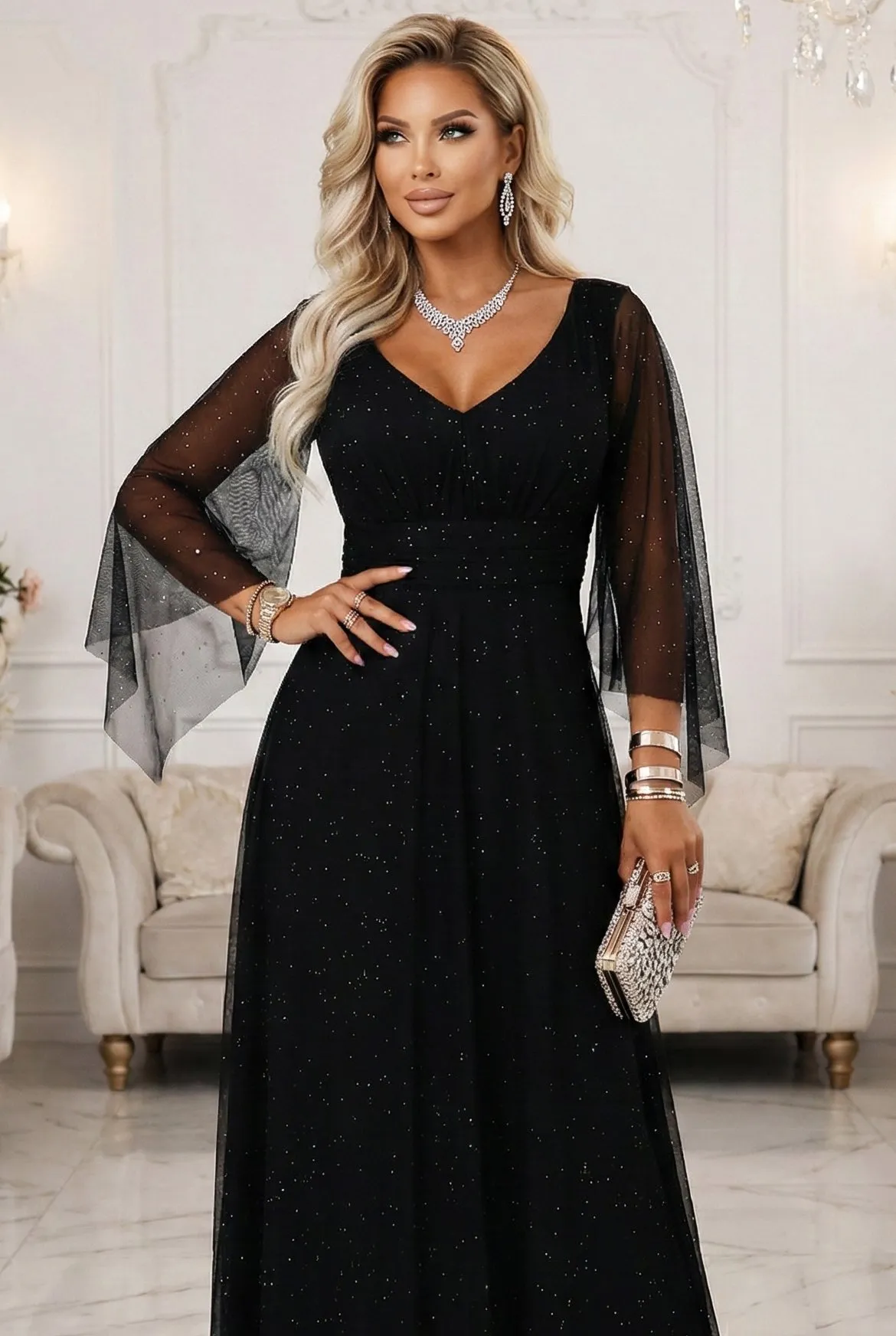 655-1 Long, shimmering dress with a neckline and transparent sleeves - black