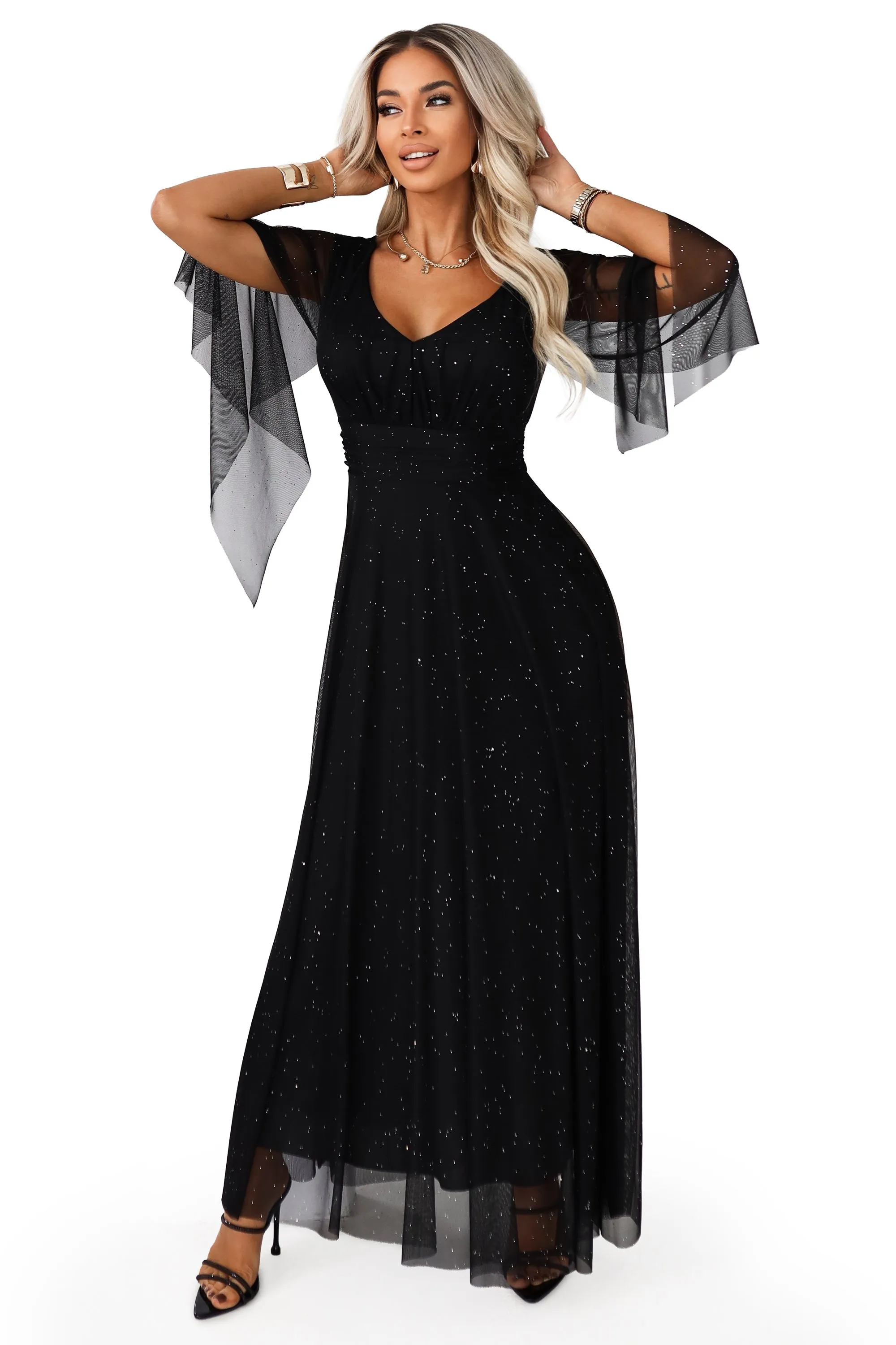 655-1 Long, shimmering dress with a neckline and transparent sleeves - black