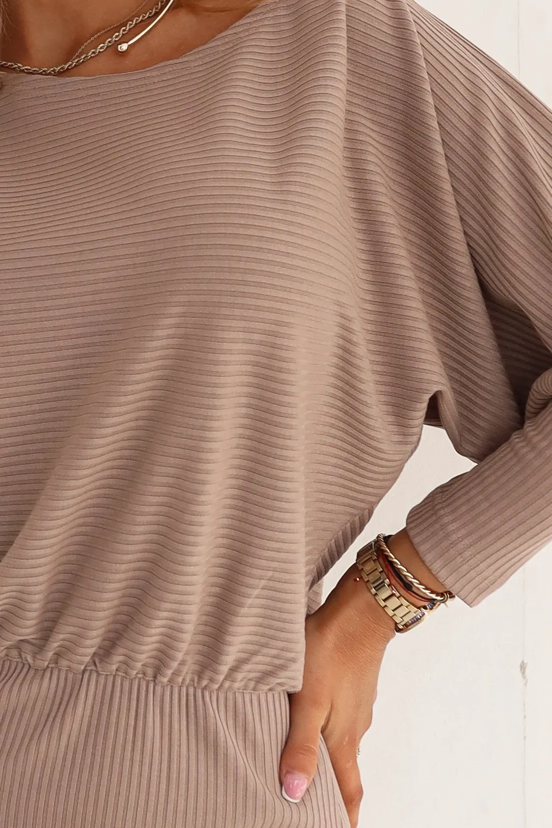 399-4 LARA Ribbed dress with cuffs - mocha mousse