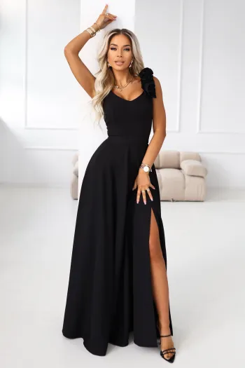 643-2 Elegant maxi evening dress with a slit and roses - classic black 