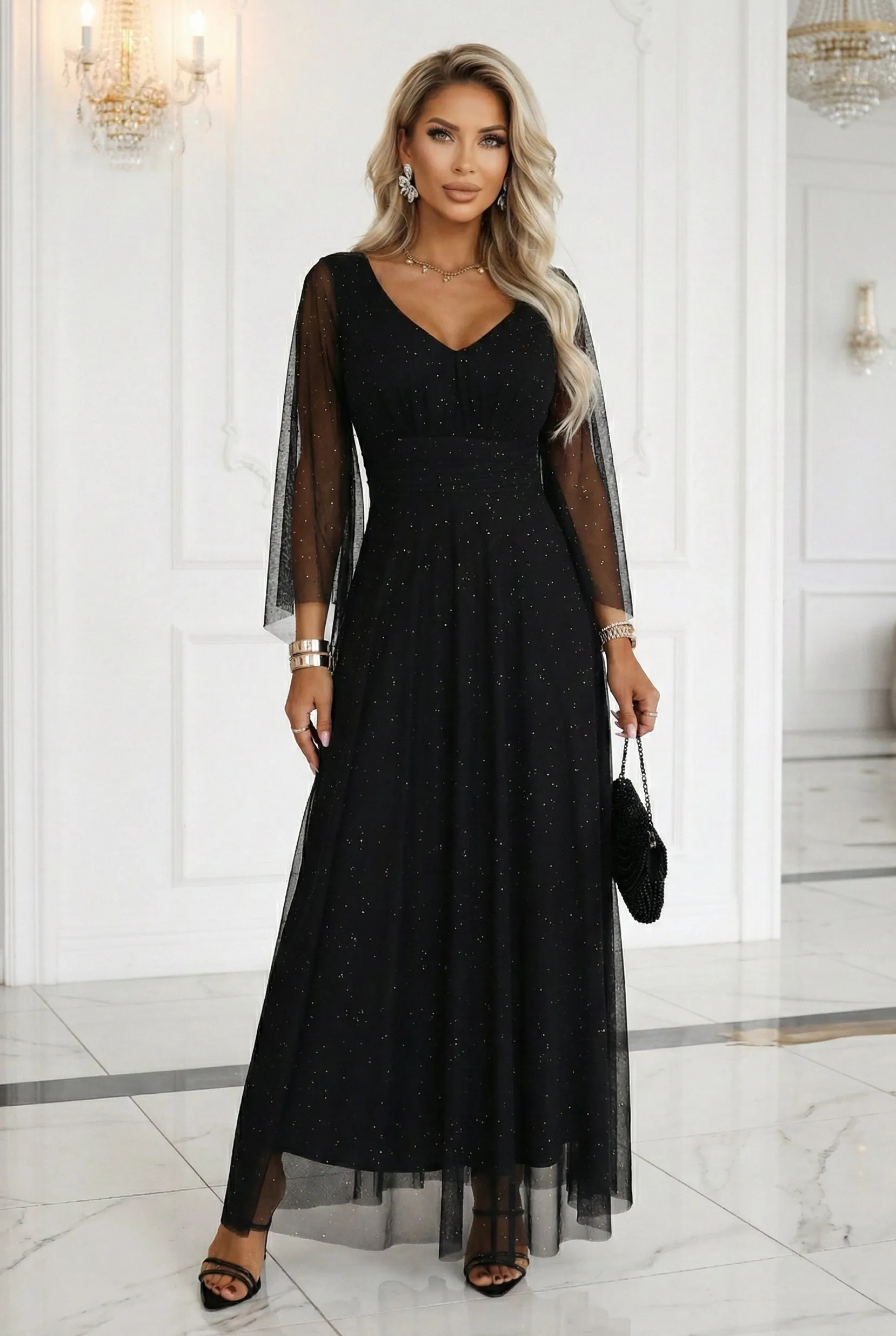 655-1 Long, shimmering dress with a neckline and transparent sleeves - black