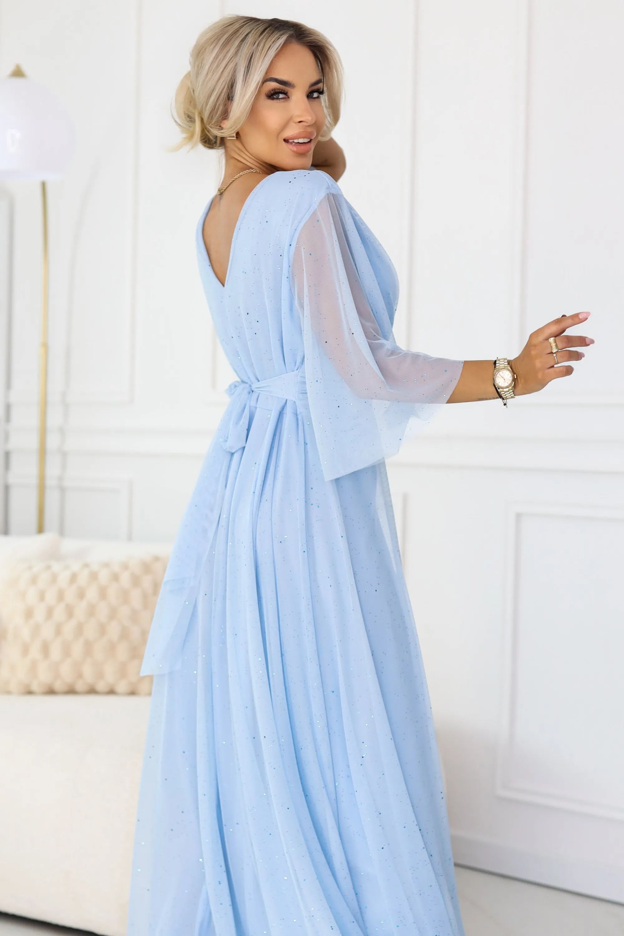 654-3 Long Shimmering Plus Size Dress with Neckline and Transparent Sleeve - Light Blue