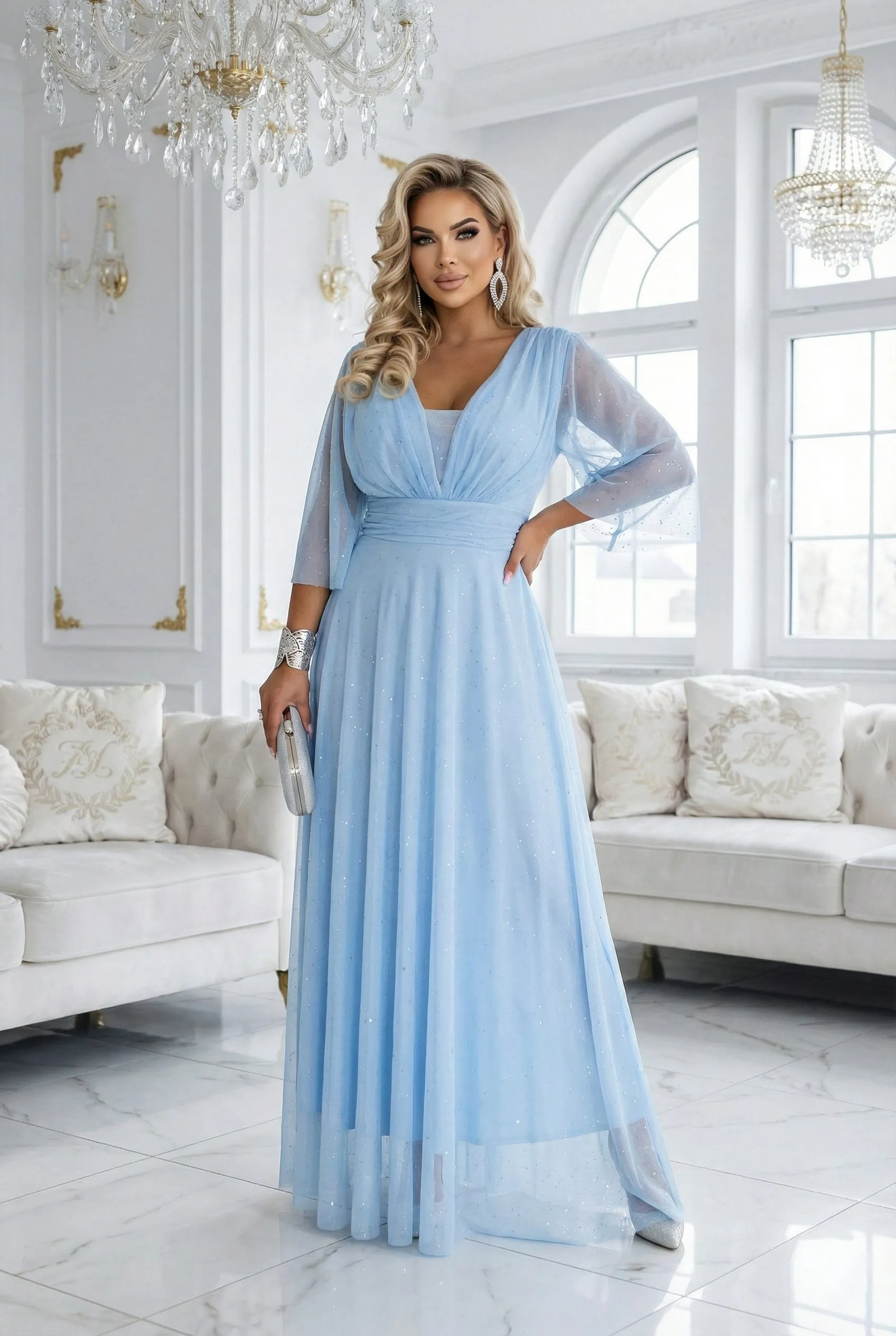 654-3 Long Shimmering Plus Size Dress with Neckline and Transparent Sleeve - Light Blue