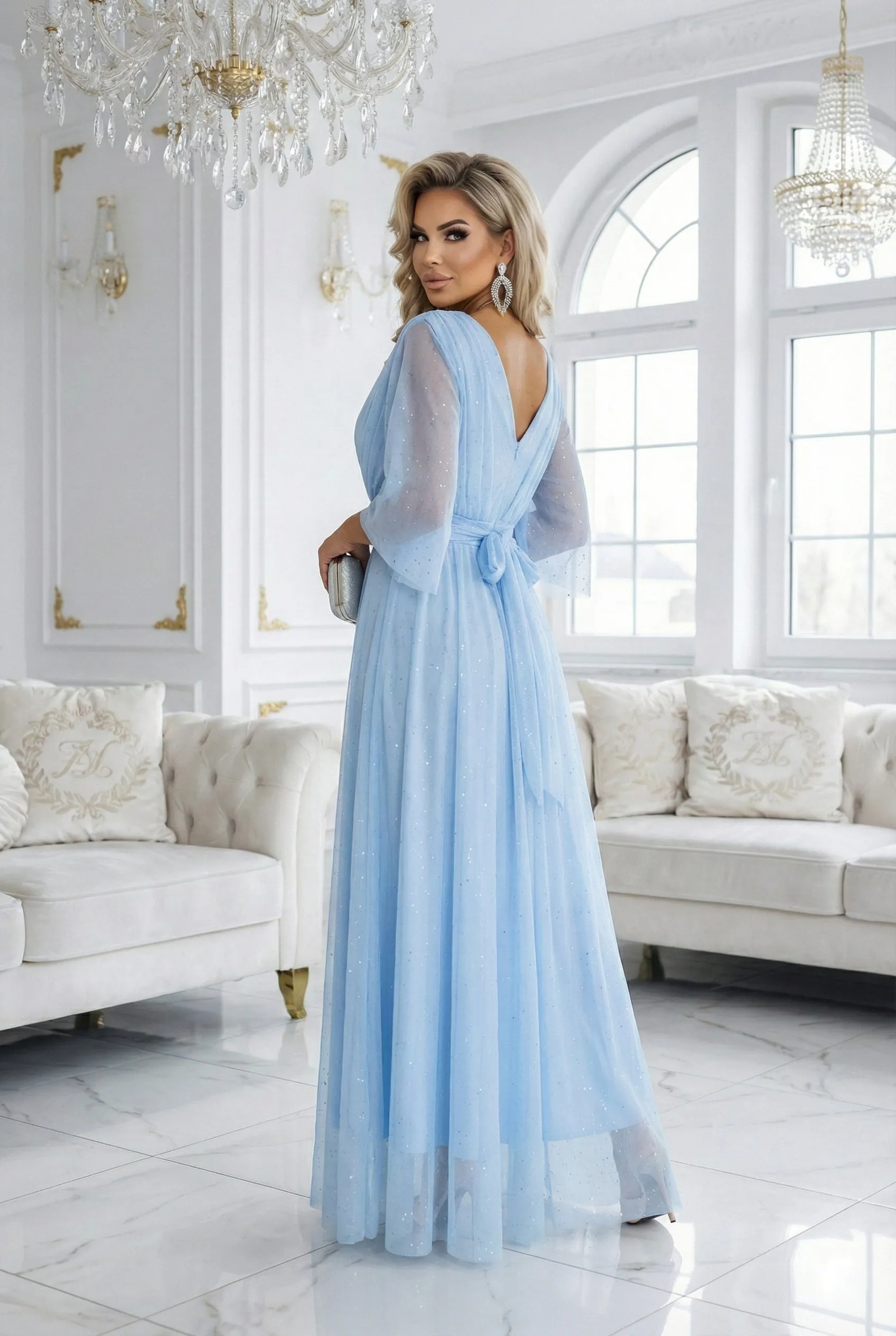 654-3 Long Shimmering Plus Size Dress with Neckline and Transparent Sleeve - Light Blue