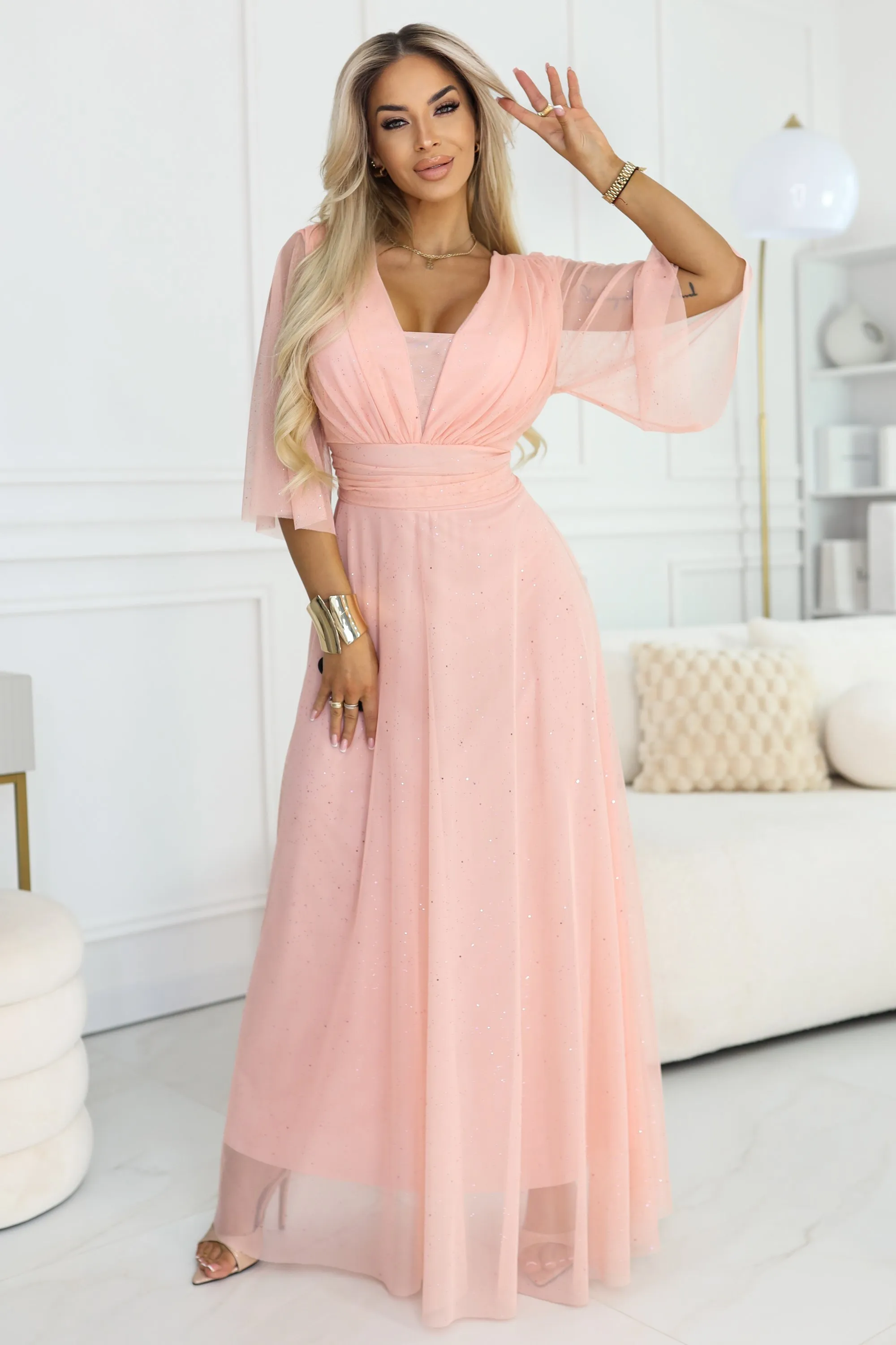 654-4 Long Shimmering Plus Size Dress with Neckline and Transparent Sleeve - Peach