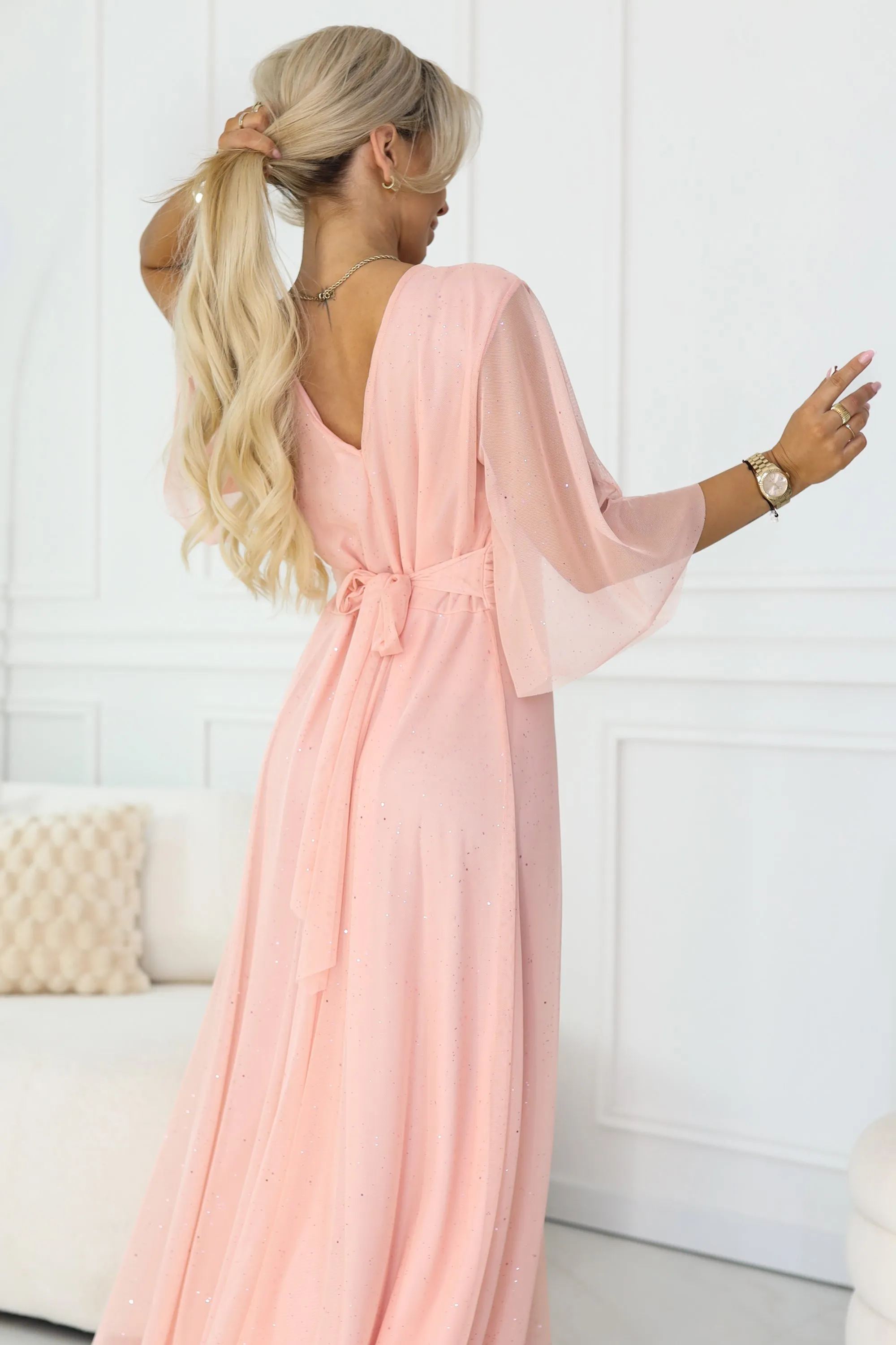 654-4 Long Shimmering Plus Size Dress with Neckline and Transparent Sleeve - Peach