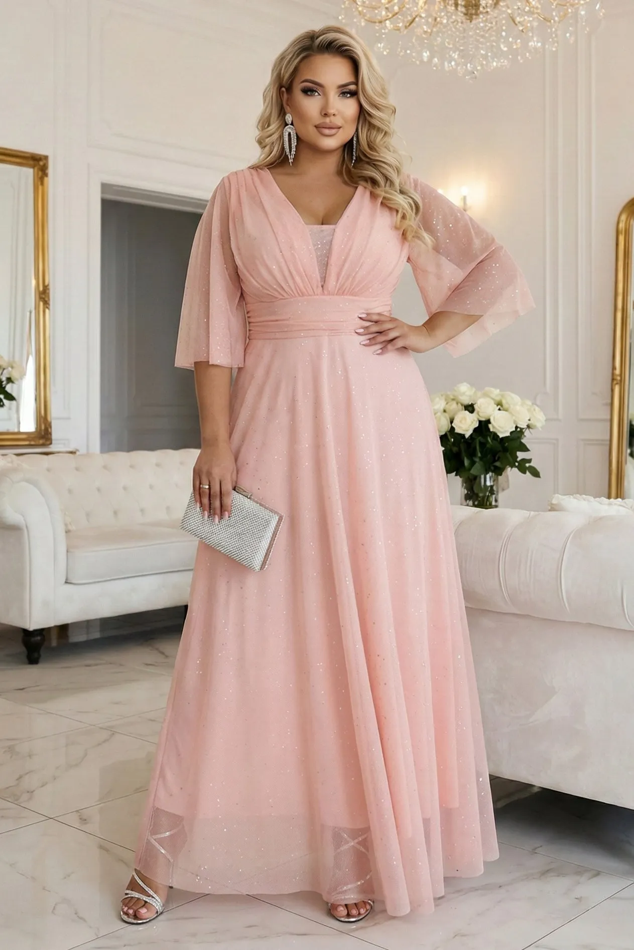 654-4 Long Shimmering Plus Size Dress with Neckline and Transparent Sleeve - Peach