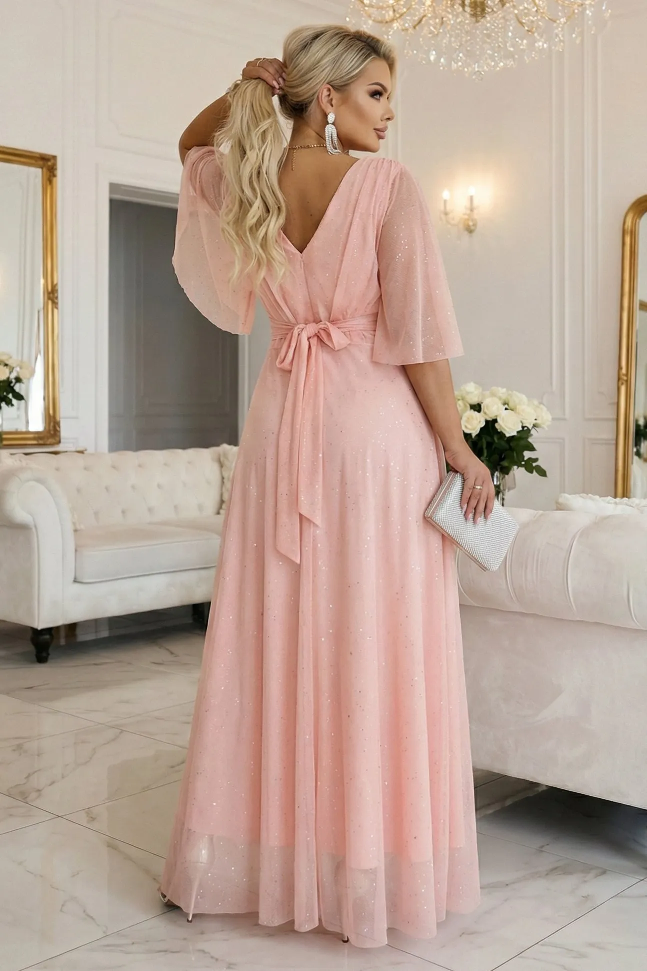 654-4 Long Shimmering Plus Size Dress with Neckline and Transparent Sleeve - Peach