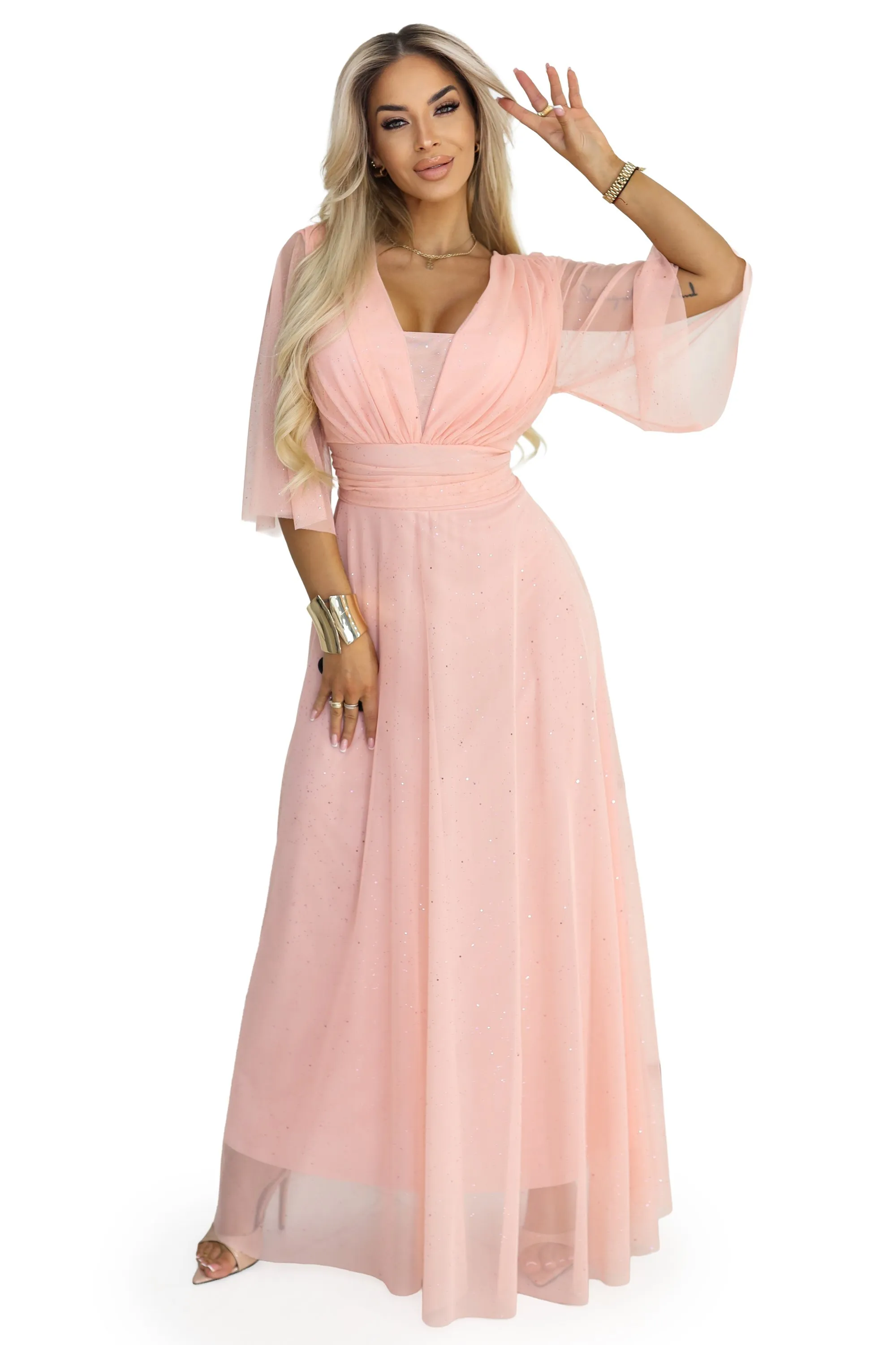 654-4 Long Shimmering Plus Size Dress with Neckline and Transparent Sleeve - Peach