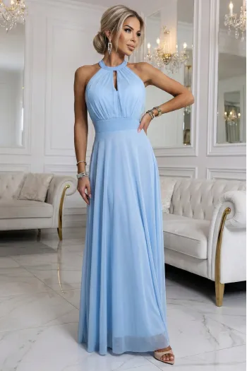  662-1 Elegant Evening Maxi Halter Dress with Tulle and Waist Tie - Light Blue 