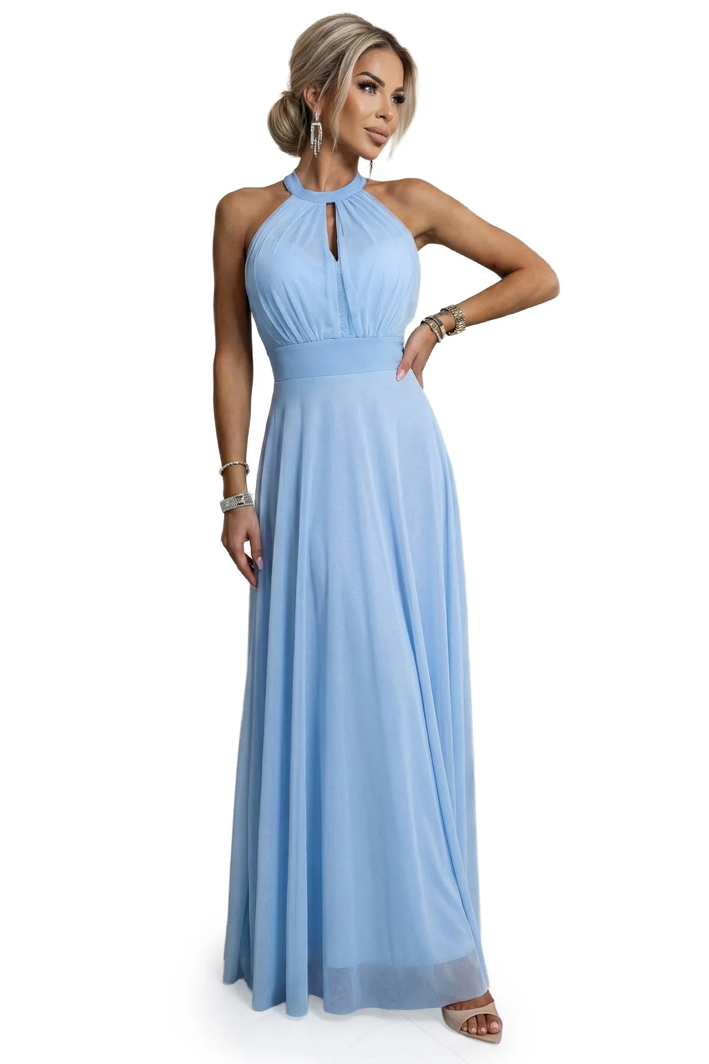662-1 Elegant Evening Maxi Halter Dress with Tulle and Waist Tie - Light Blue