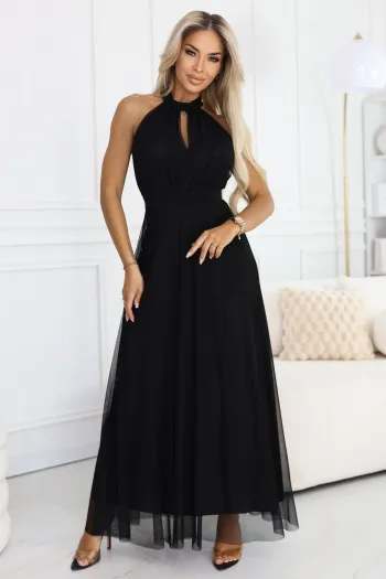  662-2 Elegant Evening Maxi Halter Dress with Tulle and Waist Tie - Black 
