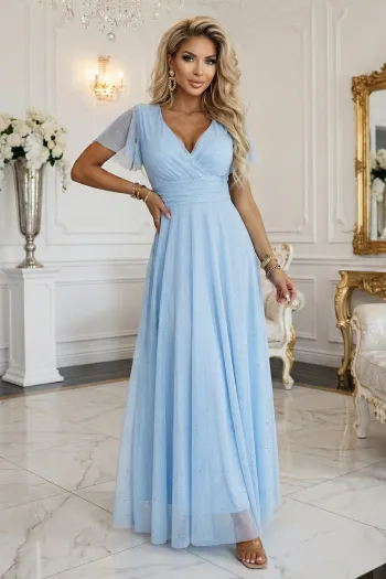  635-6 MELANIA Long Shimmering Dress with Neckline and Short Sleeve - Sky Blue 