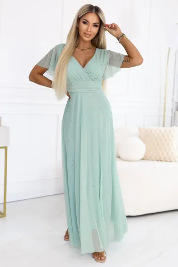  635-8 MELANIA Long Shimmering Dress with Neckline and Short Sleeve - Pistachio 